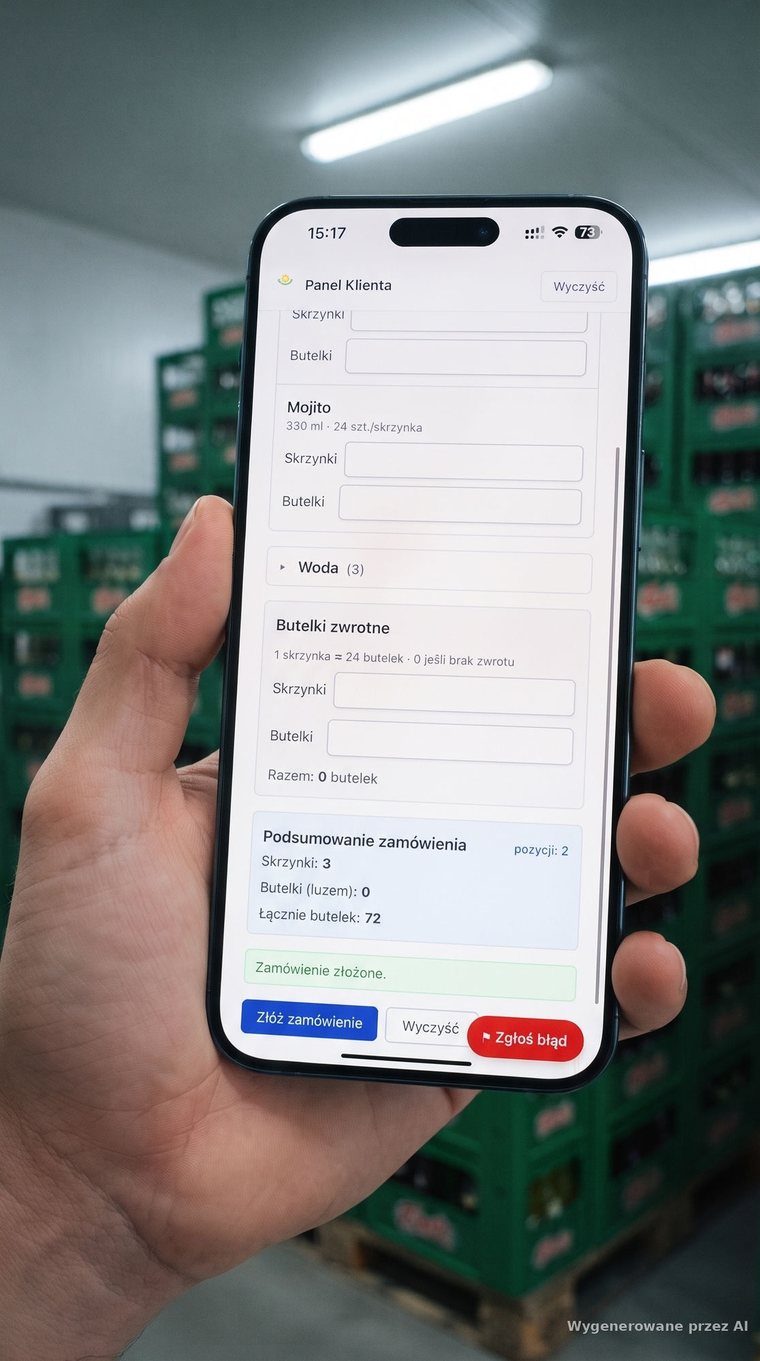 Panel klienta w aplikacji Łyk Orzeźwienia na telefonie — formularz zamówienia ze skrzynkami i butelkami zwrotnymi